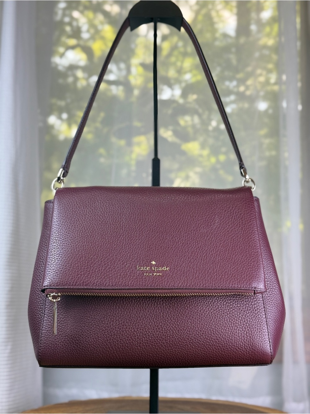 Kate Spade Leila Medium Flap Shoulder Bag Burgundy Leather + Crossbody Strap EUC